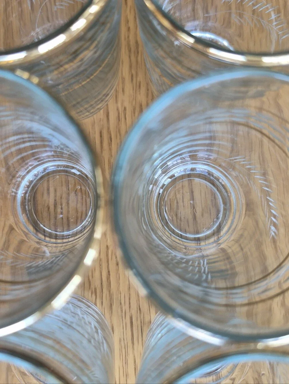 Vtg 1960 Etched Glass Juice Glasses Set of 6 Gold Rim Wheat Pattern Tumblers 4oz
